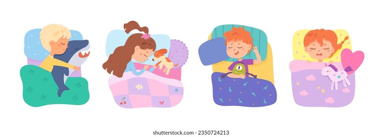 Kids sleep set vector illustration. Cartoon isolated home beds with baby boys and girls sleeping in bedtime on pillow under comfortable blanket, asleep little children lying with toys in bedroom.
