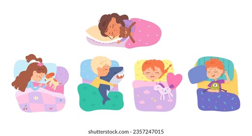 Kids sleep set vector illustration. Cartoon isolated home beds with baby boys and girls sleeping in bedtime on pillow under comfortable blanket, asleep little children lying with toys in bedroom