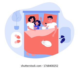 Kids Sleeping In Parents Bed. Happy Mom And Dad Lying And Hugging Asleep Children. Family Taking Nap All Together. Vector Illustration For Love, Co-sleeping With Child Concept