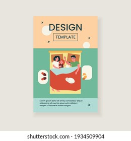 Kids sleeping in parents bed. Happy mom and dad lying and hugging asleep children. Family taking nap all together. Vector illustration for love, co-sleeping with child concept