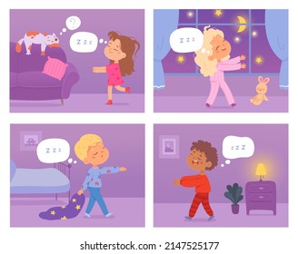 Kids sleepwalkers in pajamas set vector illustration. Cartoon funny little girls and boys sleepwalk at night, children snoring and sleepwalking as hypnotized zombie. Somnambulism disorder concept