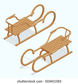 Kid's sleigh, isometric vector children illustration of wooden sled isolated on white