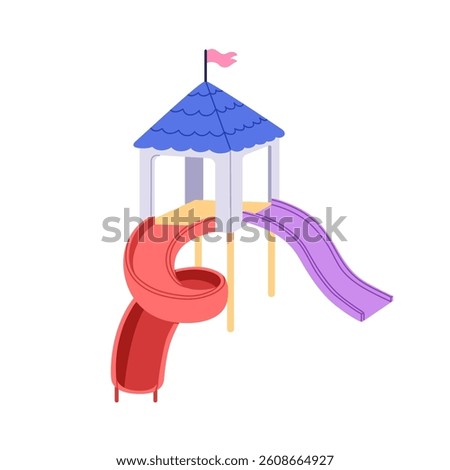 Kids slide, empty playground equipment for children. Plastic structure with tower roof, flag. Outdoor toy, amusement construction for baby play. Flat vector illustration isolated on white background