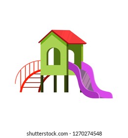 Kids slide illustration. Bright, house, slide, playing. Childhood concept. Vector illustration can be used for topics like kids garden, playground, playing