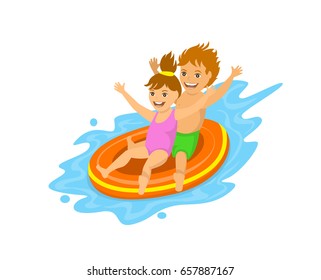 Kids Sliding Down On A Inflatable Tube In Waterpark, Pool