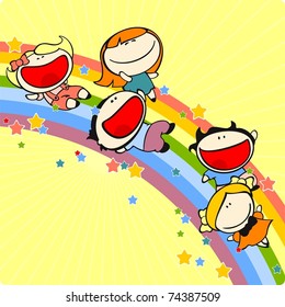 Kids sliding on a rainbow