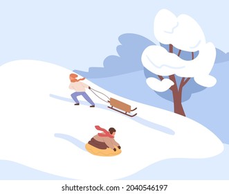 Kids sliding on tube and sledge down the hill on winter holiday. Children riding sleds on slope covered with snow in cold snowy weather in December. Boys having fun in frost. Flat vector illustration