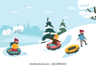 Los niños se deslizan en el tubo y en el trineo. Niños y niñas en caída de invierno en nieve. Actividad y descanso después del estudio, vacaciones de invierno. Personajes vestidos de abrigo en el bosque. Dibujo vectorial plano de dibujos animados