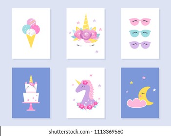 Kids Slumber and Summer Party Invites. Unicorns and Moon. Vector Design.