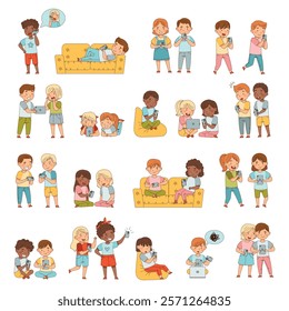 Kids with Smartphone and Tablet Browse in the Internet Vector Set
