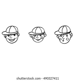 Kids smiley faces set. Boys characters in sketch style isolated on white background. Funny doodles for prints, designs, cards, advertising.