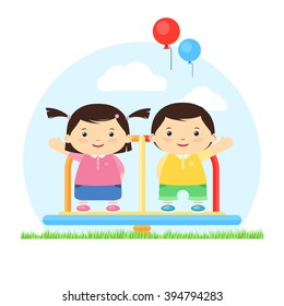 Kids smiling playing on the Playground. Friendly boy and girl. Children ride on the carousel. Vector illustration for web design banner on site and print