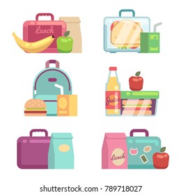 Los niños refrigerios. Juego vectorial de cajas de almuerzo escolar. Contenedor con ilustración para la cena, la lonchera y el almuerzo