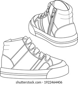 Kids Sneakers outline drawing  Boys Shoes fashion flat sketch template  Technical Athletic shoe Fashion Illustration  Black lines sport shoe white background 