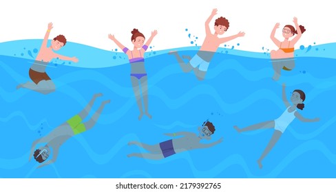 Kids snorkeling. Children divers underwater sea pool, water play with snorkel child swim in diver mask summer ocean, cartoon happy kid dive character, vector illustration of childhood snorkeling