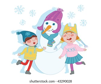 Kids and snowman