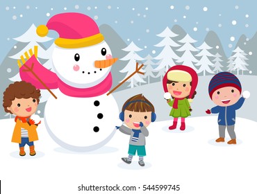 Kids and snowman