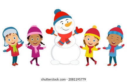 kids and snowman on the white background, illustration,vector