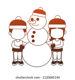 Kids with snowman in  red  and white