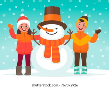 Kids and a snowman. Winter children's fun. Vector illustration in cartoon style