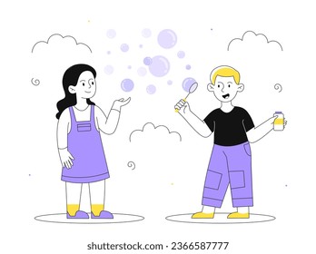 Kids with soap bubbles line. Boy and girl near bubbles. Friends spending time together and having fun outdoor. Fun and entertainment. Poster or banner. Linear flat vector illustration