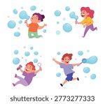 Kids soap bubbles. Young children blowing bubbles and playing exact vector cartoon characters