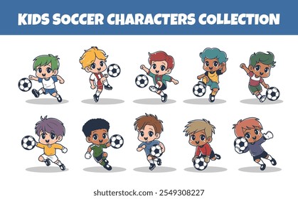 Kids soccer characters vector illustration set