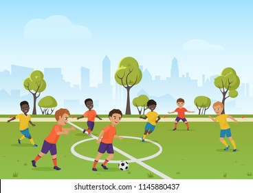 Kids soccer game. Boys playing soccer football on the school sport field. Cartoon vector illustration.