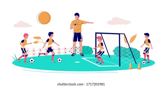 Kids Soccer School, Vector Flat Illustration. Coach Teaching Children To Play Soccer Game On Field. Football Coaching, Children Soccer Training.