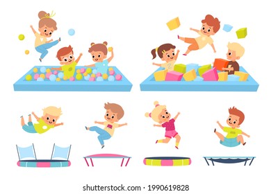 Kids in soft pool. Children jump on trampolines. Boys and girls in playroom. Babies have fun on playground. Young people play in game zone. Vector leisure and energetic activities set