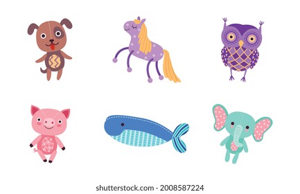 Kids Soft Toys Set, Dog, Horse, Owl, Piglet, Whale, Elephant Cartoon Vector Illustration I