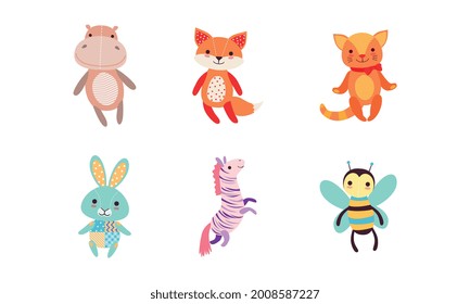 Kids Soft Toys Set, Hippo, Fox, Cat, Bunny, Zebra, Bee Cartoon Vector Illustration