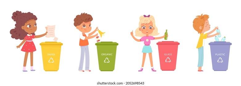 Kids sorting garbage to trash bins with recycle signs set vector illustration. Cartoon girl boy child character collecting waste for recycling, children learn to sort waste to protect environment