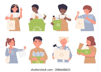 Kids sorting waste garbage isolated, environmental protection vector illustration set. Cartoon girl and boy child care and protect planet ecology, zero waste, eco friendly responsibility of children