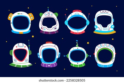 Kids space astronaut helmets for photo booth templates vector spaceman masks. Cartoon helmet of astronaut space suit, video chat effect or face filter frame template for mobile app or avatar profile