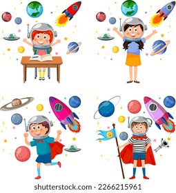 Kids in space astronomy theme illustration