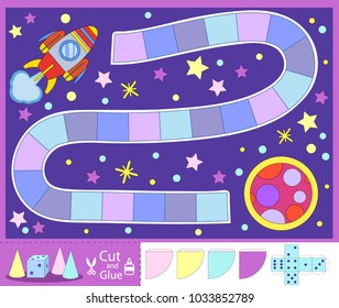 Kids space board game with set a dice and chips. Rocket go to the spaces planet. Children funny entertainment and amusement. Vector kid’s art game and activities jigsaw. For print. 