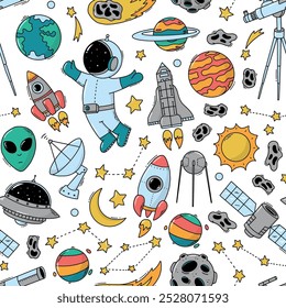crianças espaço doodles padrão sem costura para papel de parede, papel de embrulho, scrapbooking, papelaria, cama, impressões têxteis, planejadores, fundos, etc. EPS 10