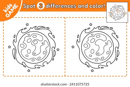 Kids space educational game Find 3 differences. Spot differences and color the cartoon Sun. Outline star Sun of Solar system. Puzzle for education children. Vector contour perfect for coloring page.