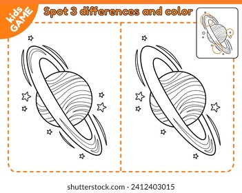 Kids space educational game Find 3 differences. Spot differences and color the planet Saturn. Outline cartoon planet of Solar system. Activity book for children. Vector contour perfect for coloring.