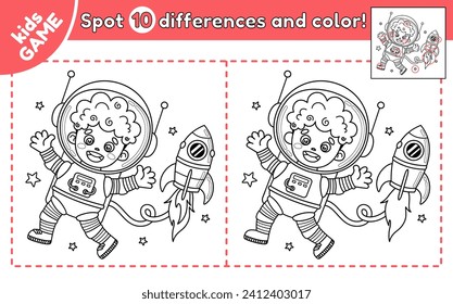 Kids space educational game Find 10 differences. Spot differences and color the cartoon astronaut african boy. Outline cute spaceman. Puzzle for education children. Vector contour perfect for coloring