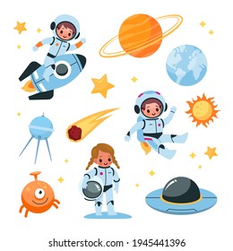 Kids Space Elements Collection. Astronaut Children With Cosmic Items, Planets And Satellite, Boy In Space Suit Riding Rocket, Girl In Zero Gravity, Alien And Ufo. Vector Cartoon Set