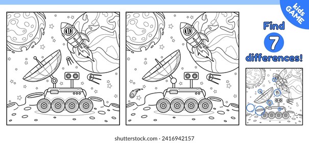 Juego de espacio infantil Encuentra 7 diferencias. Rompecabezas de contorno. Observar los diferentes detalles. Caricatura en la superficie de la luna. Diseño de contorno vectorial perfecto para colorear página y libro de actividades para bebés.