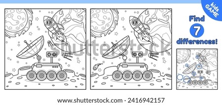 Kids space game Find 7 differences. Outline puzzle. Spot the different details. Cartoon lunar rover on the surface of the Moon. Vector contour design perfect for coloring page and baby activity book.