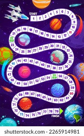 Kinder Weltraumspiel mit Sternenflotte, Galaxie-Planeten, Kometen und Erde. Vectorstep Brettspiel-Arbeitsblatt hilft beim Shuttle nach Erde mit Blockpfad, Zahlen, Start-, Finanz- und Cartoon-Raumfahrzeug-Motor