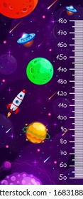 Gráfico de altura espacial infantil, medidor de pared cósmico con planetas de fantasía de caricaturas y cohete. Plantilla vectorial.