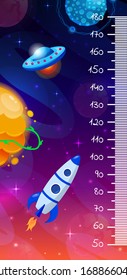 Kids space height chart, cosmic wall meter with cartoon fantasy planets and rocket. Vector template.