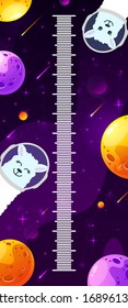 Kids space height chart. Cosmic wall meter with cute llama and cartoon fantasy planets. Vector template.