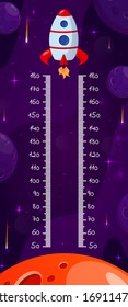 Kids space height chart, cosmic wall meter with cartoon fantasy planets and rocket. Vector template.