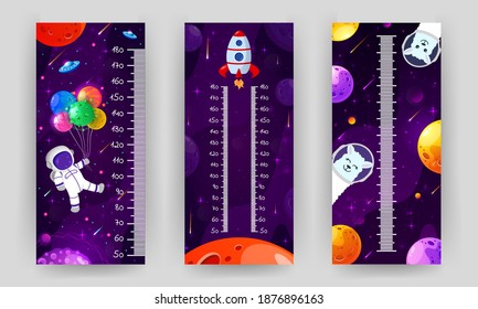 Kids space height chart. Cosmic wall meter with flying astronaut, rocket and fantasy planets. Vector template.